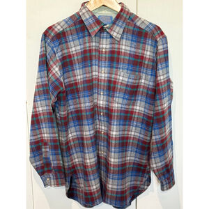 Men's Pendleton Plaid wool long sleeve Casual Button Down Shirt L Blue Red